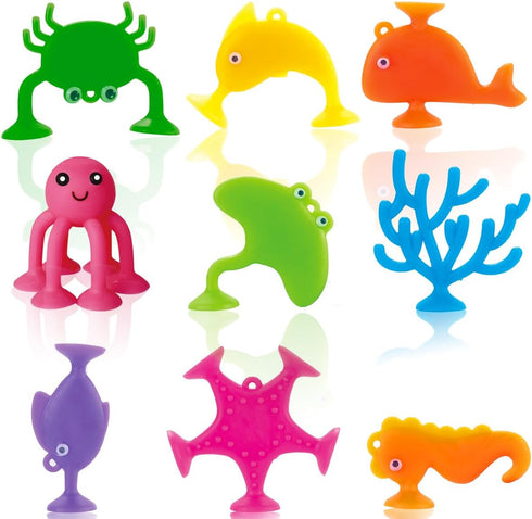 UMBWORLD Suction Bath Toys for Kids, 9 PCS Silicone Ocean Animal Suction Cup