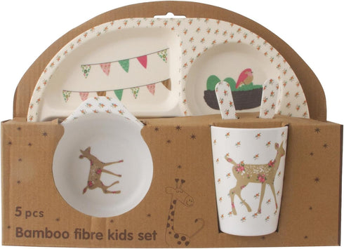 Bamboo Toddler Dinnerware Set, 5Pcs Kids Plates and Bowls Set, Includes Plate, Bowl, Cup, Fork, and Spoon