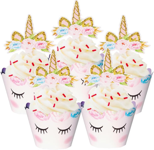 Unicorn Cupcake Toppers and Wrappers - 40 Reversible Rainbow Liners with Cute Decorations for Birthday Party