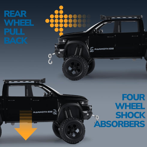 FRJV 1/32 Mammoth 4-7Black Toy Trucks for Boys Diecast Trucks Model Truck,Collectible Pickup Truck Model Kit,Pull Back