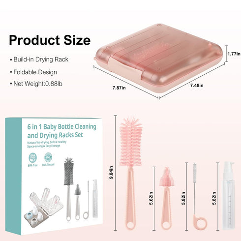 6 1 Set in Baby Bottle Cleaner with Drying Rack,Silicone Baby Bottle Brush,Straw Brush,Nipple Brush,Soap Dispenser