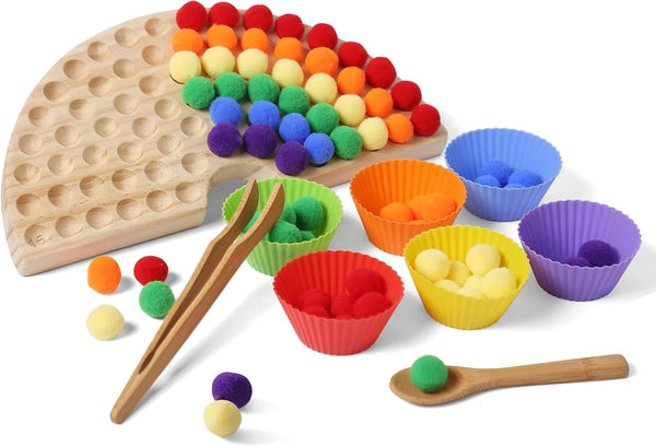 Board Beads Game - Pine Wooden Rainbow Bead Maze Montessori Color Sorting Toys for Toddlers 1-3