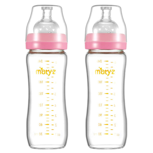 Matyz Glass Breastmilk Baby Feeding Bottle with Nipple, 2 Pack, 8 oz
