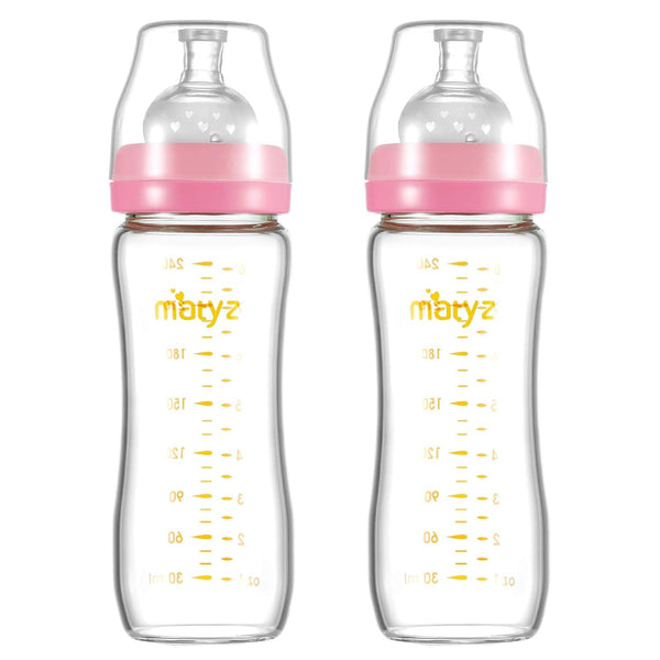 Matyz Glass Breastmilk Baby Feeding Bottle with Nipple, 2 Pack, 8 oz