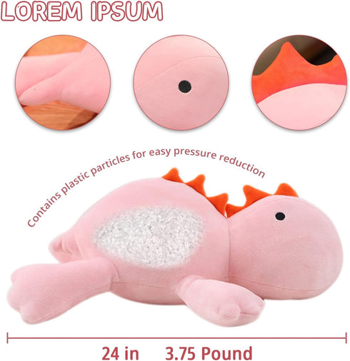 24" 3.5lbs, Weighted Dinosaur Plush Throw Pillowd Pink Dinosaur Weighted Stuffed Animal, Cuddle Plushies for Kids