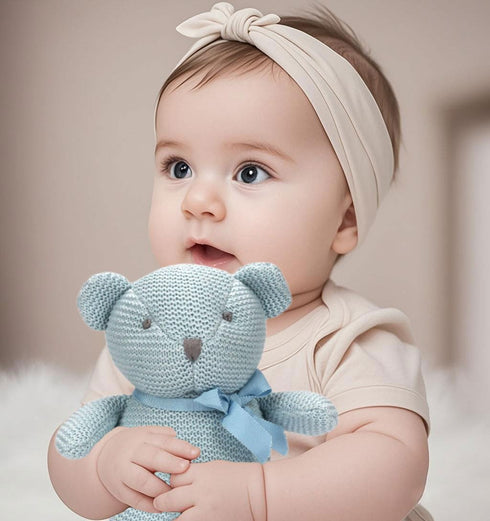 100% Organic Cotton Blue Teddy Bear Baby Toys, 6.5" Stuffed Animals for Newborn