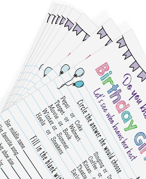 Printed Party Kids Birthday Game, Who Knows Her Best, Notebook Theme, Set of 25