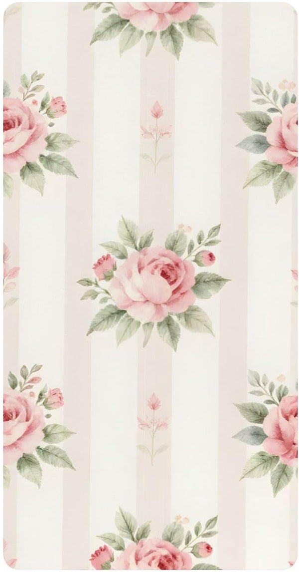 CZXW Pink Roses Stripes Crib Sheets Fitted 52" x 28" Natural Cotton Soft