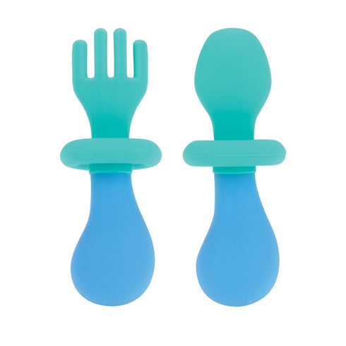 Nuby First Fork and Spoon Set, Utensils with Safety Guards for Babies 6+ Months, Green and Blue