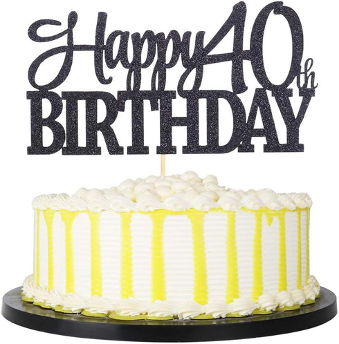 PALASASA Black Glitter Happy 40th Birthday Cake Topper, 40 Anniversary Party Decoration