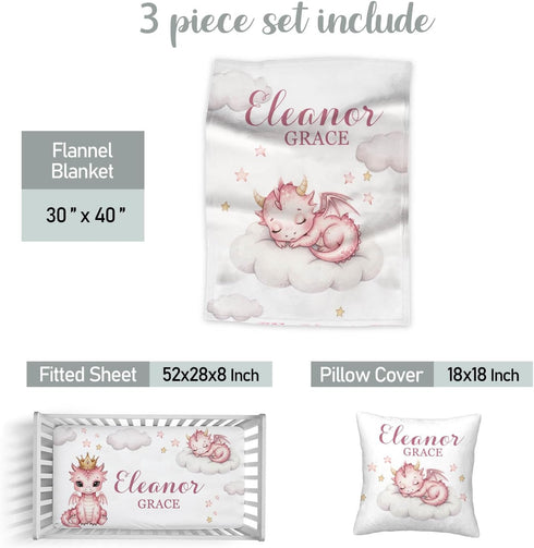 Workvalor Set 3-Piece Custom Baby Girl Crib Bedding Personalized Nursery Bedding with Dragon Pink Blanket, Fitted Sheet