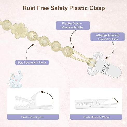4 Packs Silicone Pacifier Clip Holder with One-Piece Beads, Soft Flexible and Rust-Free Binky Pacifiers Clips