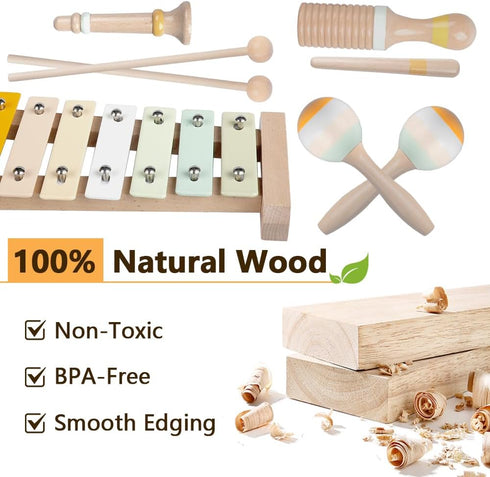 Montessori Wooden Toys for Toddlers 1-3, Baby Musical Instruments Set with Modern Boho Xylophone, Neutral Colors 3+