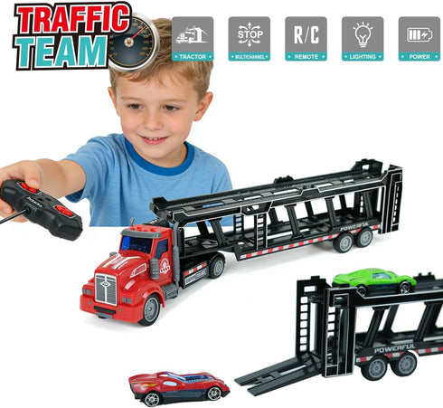 CALEST 6 14" 1:48 2 3-8 Remote Control Car Transporter Truck Includes Cars, Car Transporter Semi Truck Toy, Equipped