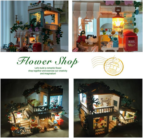 742 Set 6 Flower Shop with LED Light Building Blocks Toys Pieces Girl's Favorite Flowers House Coffee Shop Gift