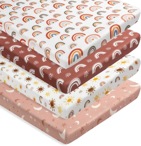 Jola's House 4 Pack N Play Sheets - Mini Crib Sheets Boho Nursery Sheets, Sunshine & Rainbow Design - Neutral Unisex