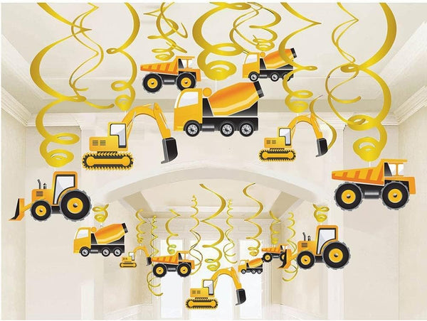 30PCS Construction Hanging Swirls Decorations for Birthday Party, Baby Shower, Car Excavator Bulldozer Ceiling Decor