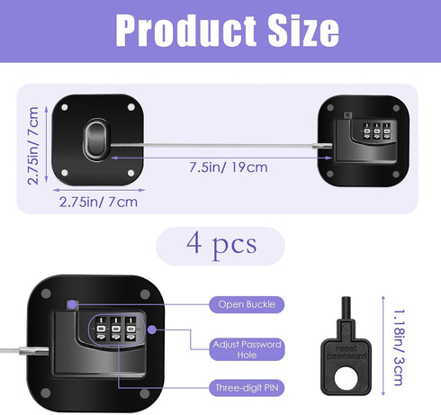 4PCS Fridge Lock Combination, Self-Adhesive Refrigerator Locks for Adults Freezer Door Lock with Password, Proof Refrigerator Door Lock Child Safety Locks for Kitchen (Black) (Square)