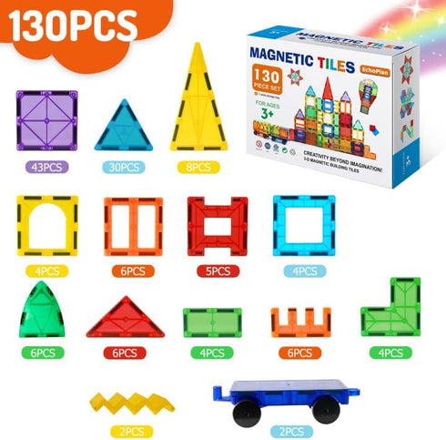 EchoPlan 130PCS Magnetic Tiles with 2 Cars, 3D Clear Building Blocks Set for Kids 3-9+ Years Old