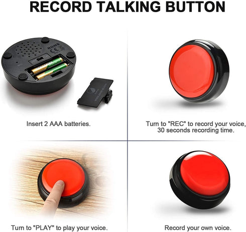 Recordable Button for Dogs, Talking Button with 30 Second Recording, Sound Effect Button Game Buzzer (Red)