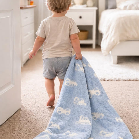 28"x40" L+L USA Construction Trucks Baby Blanket - DreamSoft Knit Throw for Crib, Stroller, Car Seat - Soft Newborn