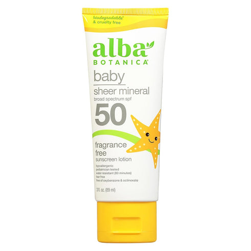 Alba Botanica Baby Sunscreen Lotion - Sheer Mineral for Face and Body, SPF 50, Water Resistant, 3 Fl Oz (Packaging May