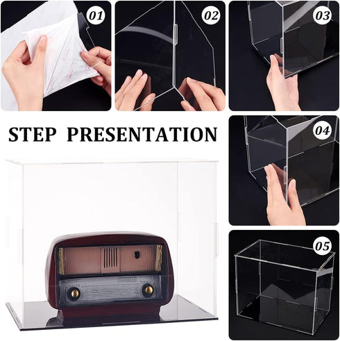 FINGERINSPIRE Clear Plastic Minifigure Display Cases 10.2x6.3x8inch with Black Base for Models, Dolls, and Collections