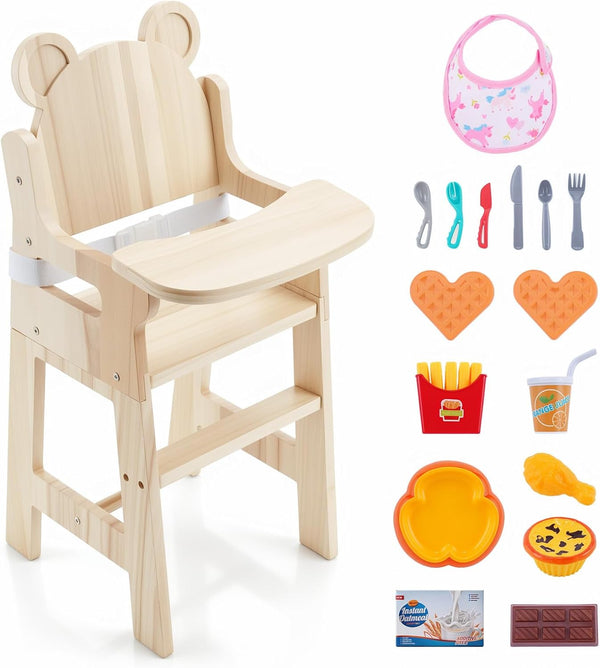 BABESIDE Wooden Baby Doll High Chair Set for 15-20 Inch Dolls Furniture,