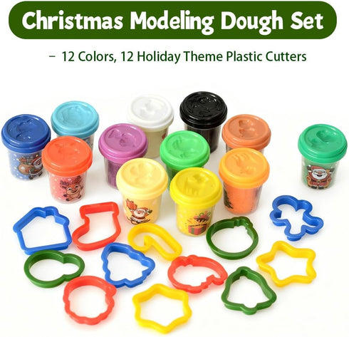Waybla Set 12 12 2oz Christmas Modeling Dough Colors, Holiday Theme Plastic Cutters, per Cup, DIY Craft Kit for Kids