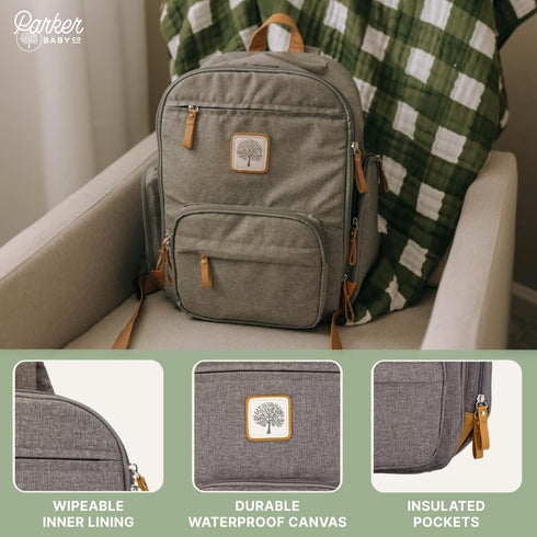 Backpack Parker Baby Diaper - Full Zip Diaper Bag with Insulated Pockets - Gray