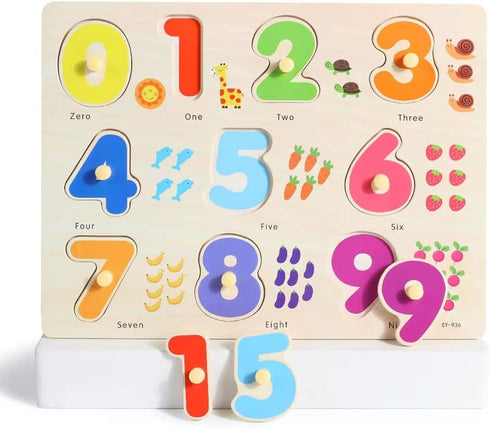 GRINNNIE Wooden Montessori Toddler Puzzles, 3 Pcs Number, Letter, Shape Educational Peg Puzzle Set