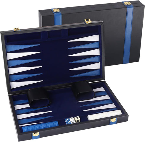 GSE Games & Sports Expert Premium Leather Backgammon Game Set with Leather Case, Travel Folding Board (Black&Blue)