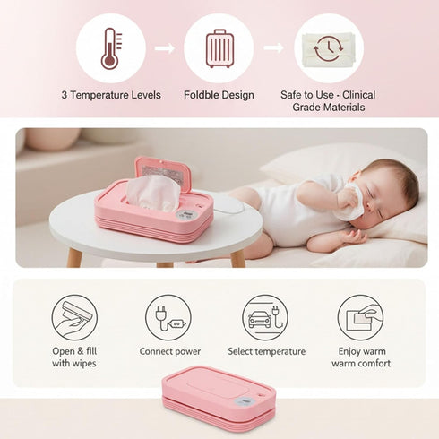 Fockety 3 Baby Wipe Warmer, Foldable Fast Heating Large Capacity Wipes Dispenser, Safe to Use Wipe Holder