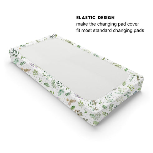 Watercolor Green Leaves Boho Changing Pad Covers, Greenery Floral Diaper Sheets for Boy Girl, Soft 32''x16''