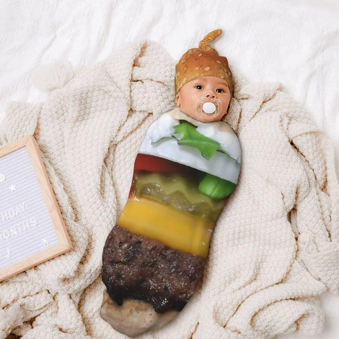 Qiankang 3D Sets Funny Hamburg Newborn Swaddling Blanket Beanie Hat Soft Baby Receiving Funny Food Blanket Soft