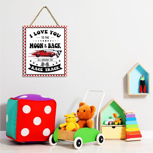 Gwisml Race Car Wall Decor for Boys Room,Race Car Themed Hanging Wood Plaque Sign for Door Decor,I Love You to the Moon