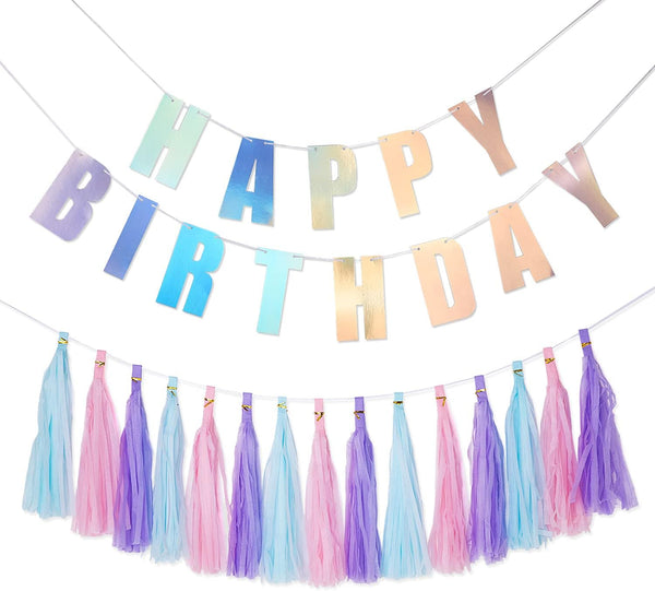 YAKRUNA Silver Holographic Happy Birthday Banner, Iridescent Party Supplies with 15PCS Rainbow Tassel Paper Garlands