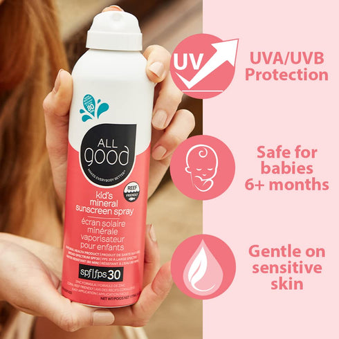 30, (6 oz) All Good Baby & Kids Sunscreen Spray - UVA/UVB Broad Spectrum, SPF Zinc Oxide, Coral Reef Friendly, Water