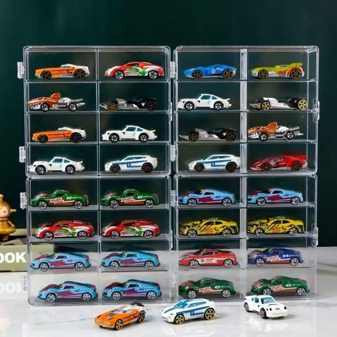 YAMAXUN 1/64 32 4-Pack Acrylic Display Case for Scale Matchbox Toy Cars - Slots, Clear & Dustproof, Storage Organizer