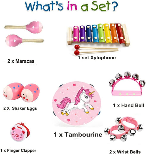 Kids Musical Instruments Set, 12 Pcs Wooden Percussion Toys Tambourine Xylophone for Preschool Education Gift