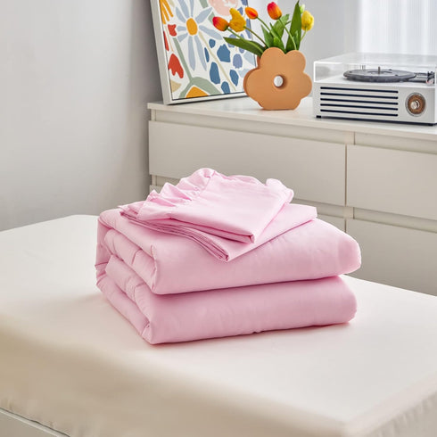 4 Set Set 1 1 +1 +1 Pieces Pink Toddler Bedding with Ruffle Fringe, Solid Color Toddler Bed - Toddler Comforter +