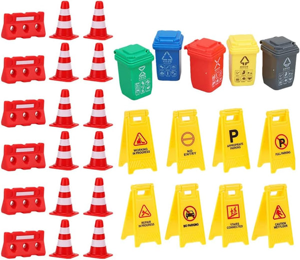 TOYANDONA 31Pcs Road Signs for Kids - Miniature Plastic Traffic Cones and Roadblocks Educational Playset