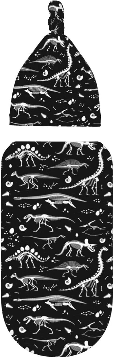 Baby Newborn Swaddle Blanket with Beanie Hat - Black and White Dinosaur Skeleton Pattern Sleep Sack for Infant Gifts