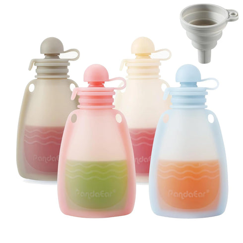 PandaEar Reusable Silicone Baby Food Pouches, 4 Pack Squeeze Pouches for Toddler