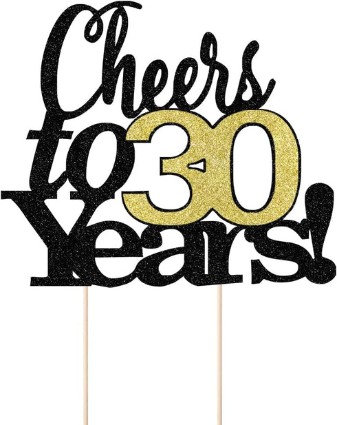 LVEUD Black Font Golden Numbers Cheers to 30 Years - Happy Birthday Cake Topper for Wedding, Anniversary, Birthday Party