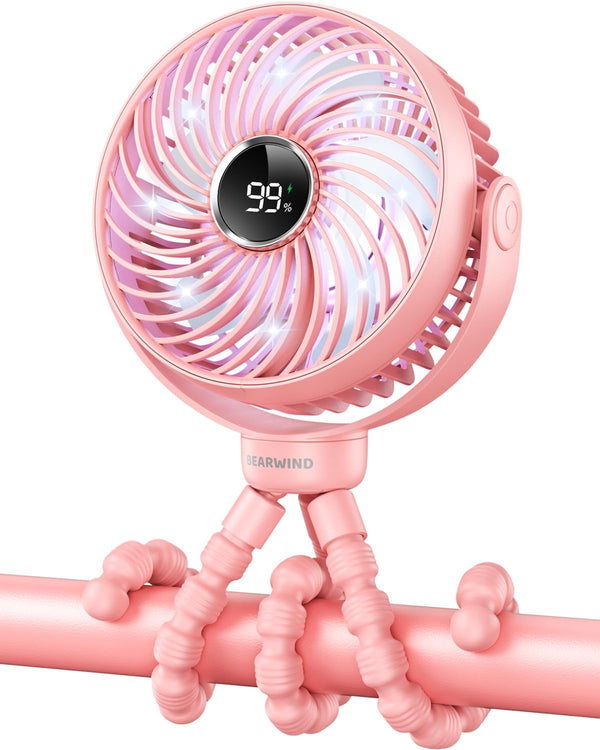 Portable Stroller Fan with LED Night Light, Rechargeable Battery Clip-On Fan for Travel, Baby Pram (Pink)