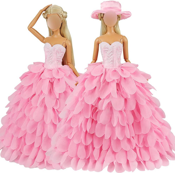 BARWA Princess Evening Party Clothes Outfit Set for 11.5 inch Doll with Hat, Pink Wedding Dress