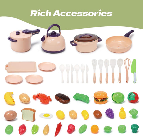 51-Piece Playset CUTE STONE Mini Play Kitchen Accessories for Kids, Pretend Cooking with Pots, Pans, Utensils, Cutting