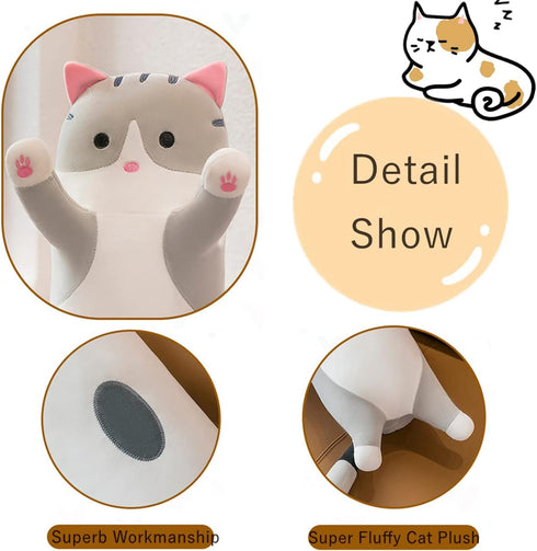 Long Gray Cat Plush Pillow Toy - Cute Cartoon Cat Stuffed Animal, Soft Long Body Pillow Gift for Kids (35.43in)
