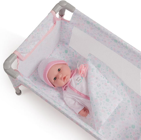 18" 3+ JC Toys - Berenguer Boutique | Travel Folding Crib - Playpen with Accessories | Pink Floral Collection |